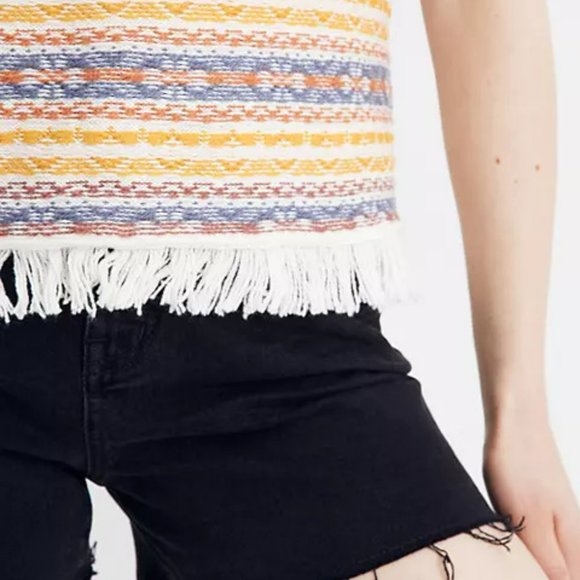 Madewell Fringed Sweater M Ivory Jacquard Knit Tee Short Sleeves Boho - Picture 9 of 9